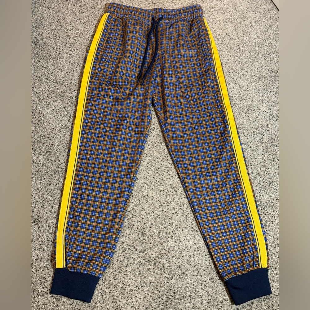 Jian Wang Men’s Track Jogger Pants Plaid Navy Gold Pockets Medium Y2K Streetwear